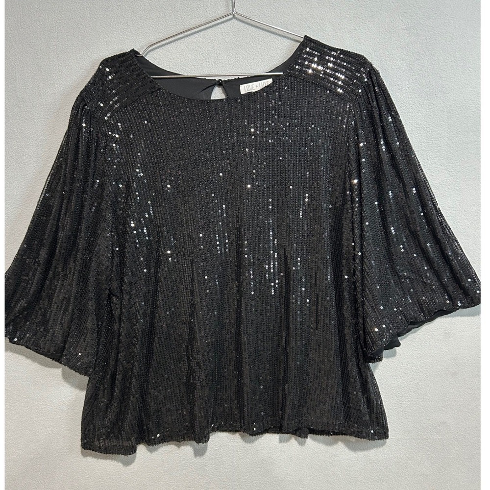 Black Sequin Top Womens 2X‎ Bell Sleeve Keyhole Back Glam Party Festive Shimmer